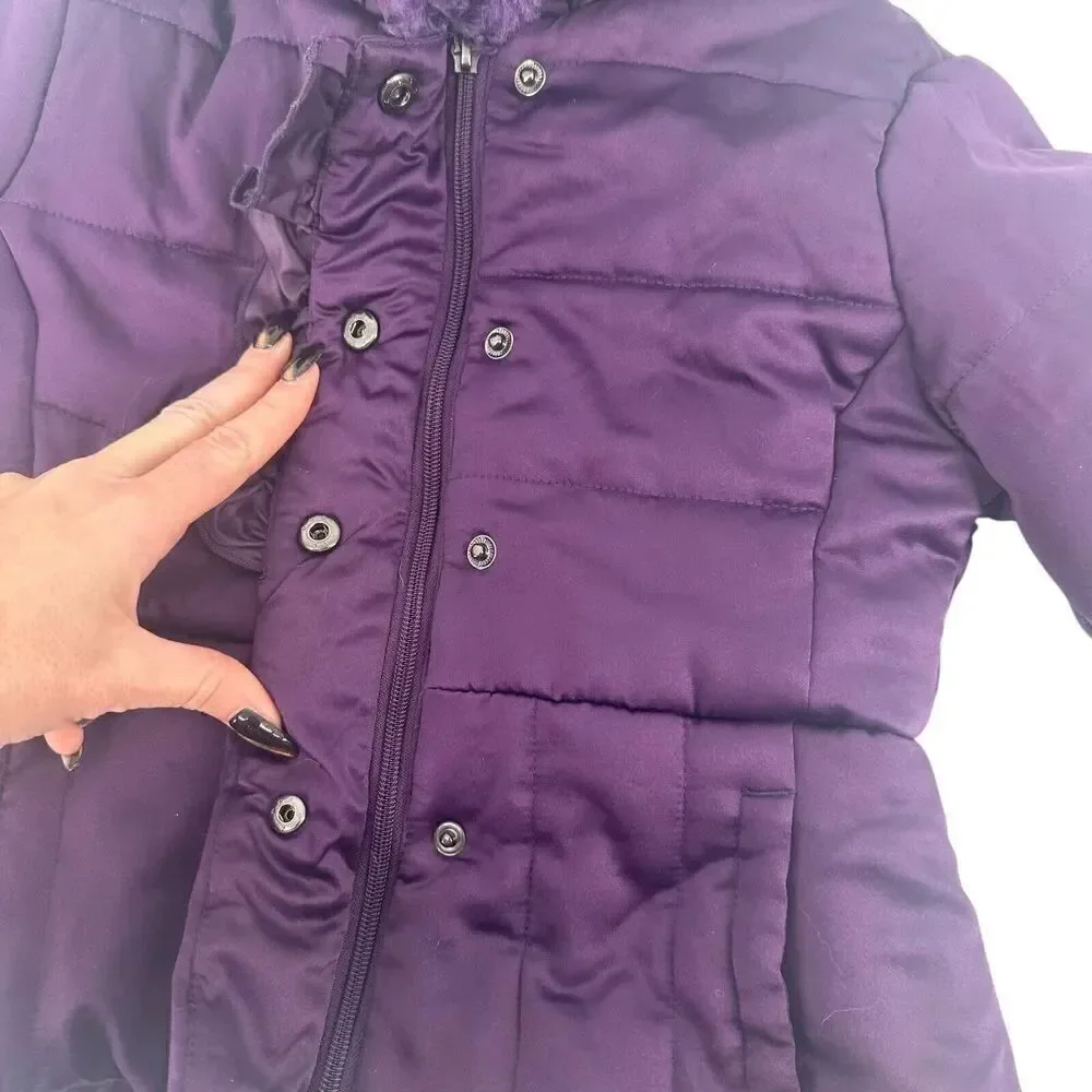 Rothschild Winter Coat Girls Purple Faux Fur Hooded Peplum Puffer Ruffle Size S